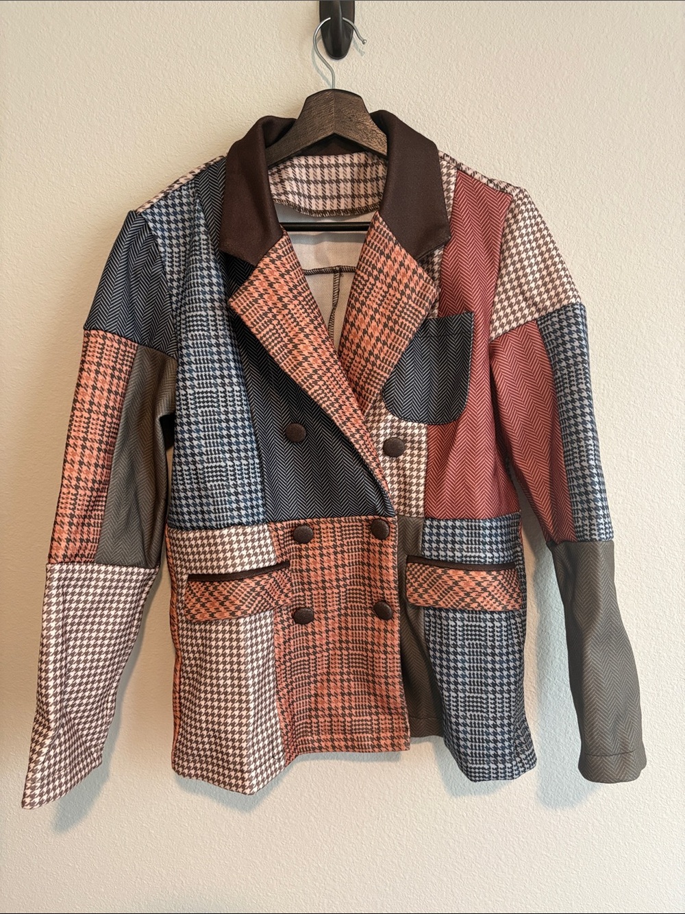 Patchwork Double-Breasted Blazer Jacket - Multi Color